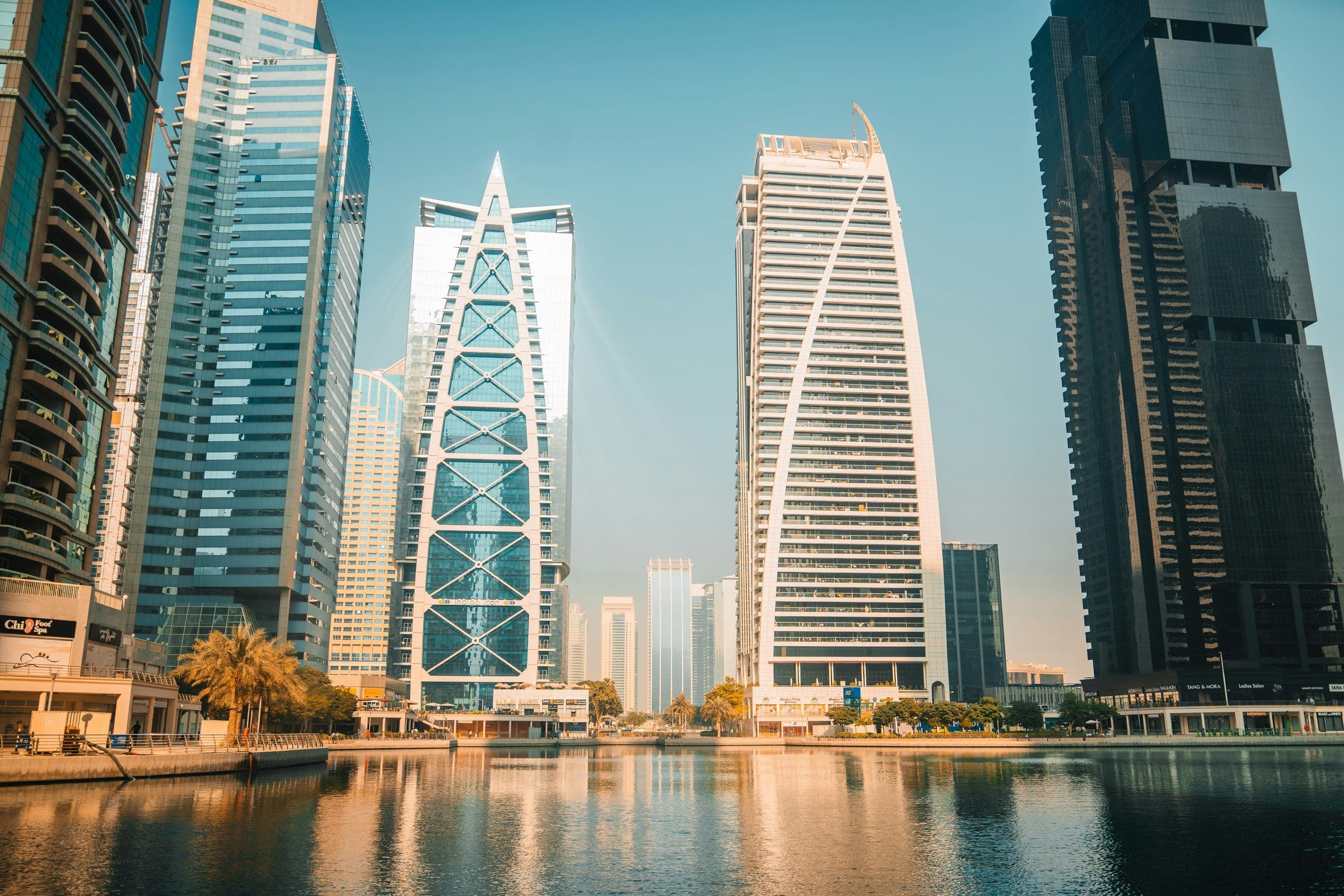 Jumeirah Lake Towers reflected in one of the district's lakes