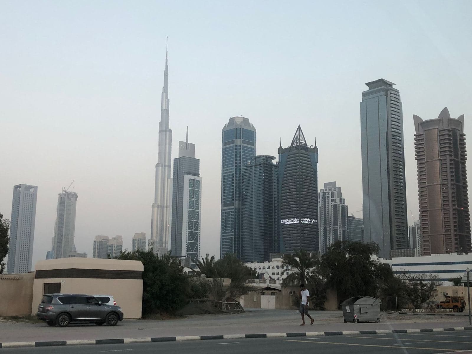 Low rise Al Wasl neighbourhood with the Downtown Dubai skyline and Burj Khalifa in the distance