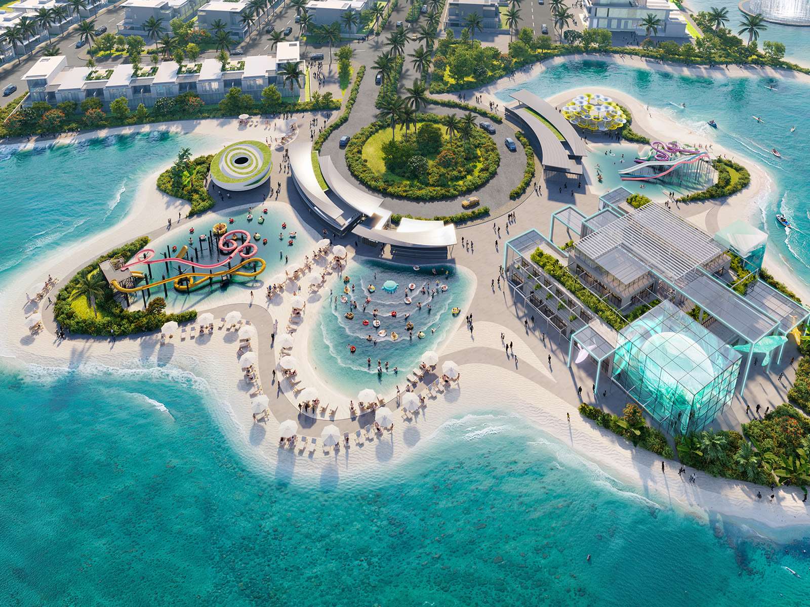 Aerial render of the DAMAC Islands central island hub with pools, beach areas and a glass dome surrounded by lagoons