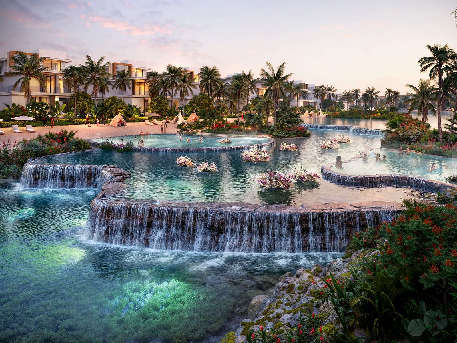 Render of cascading lagoon waterfalls at DAMAC Islands with townhouses and palm trees at sunset