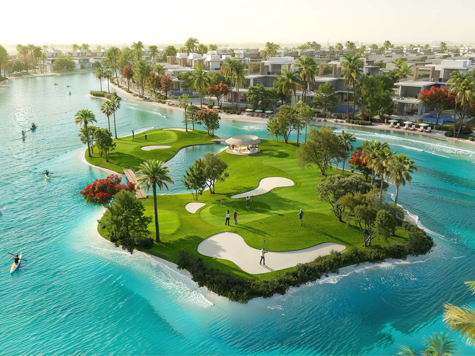 Aerial render of a putting green island in the DAMAC Islands lagoon with villas along the shoreline