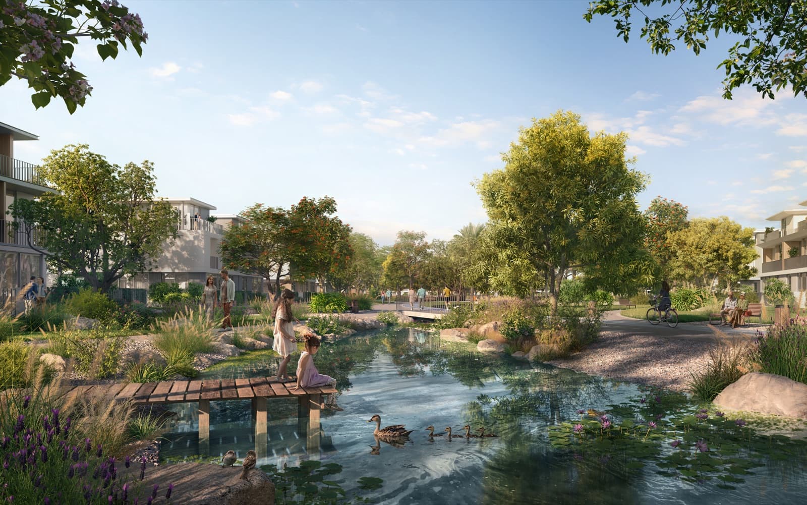 Render of the lake and green park at Farm Grove, The Valley