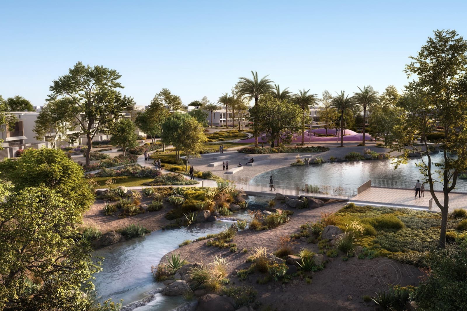 Render of the stream and landscaped park at Vindera, The Valley