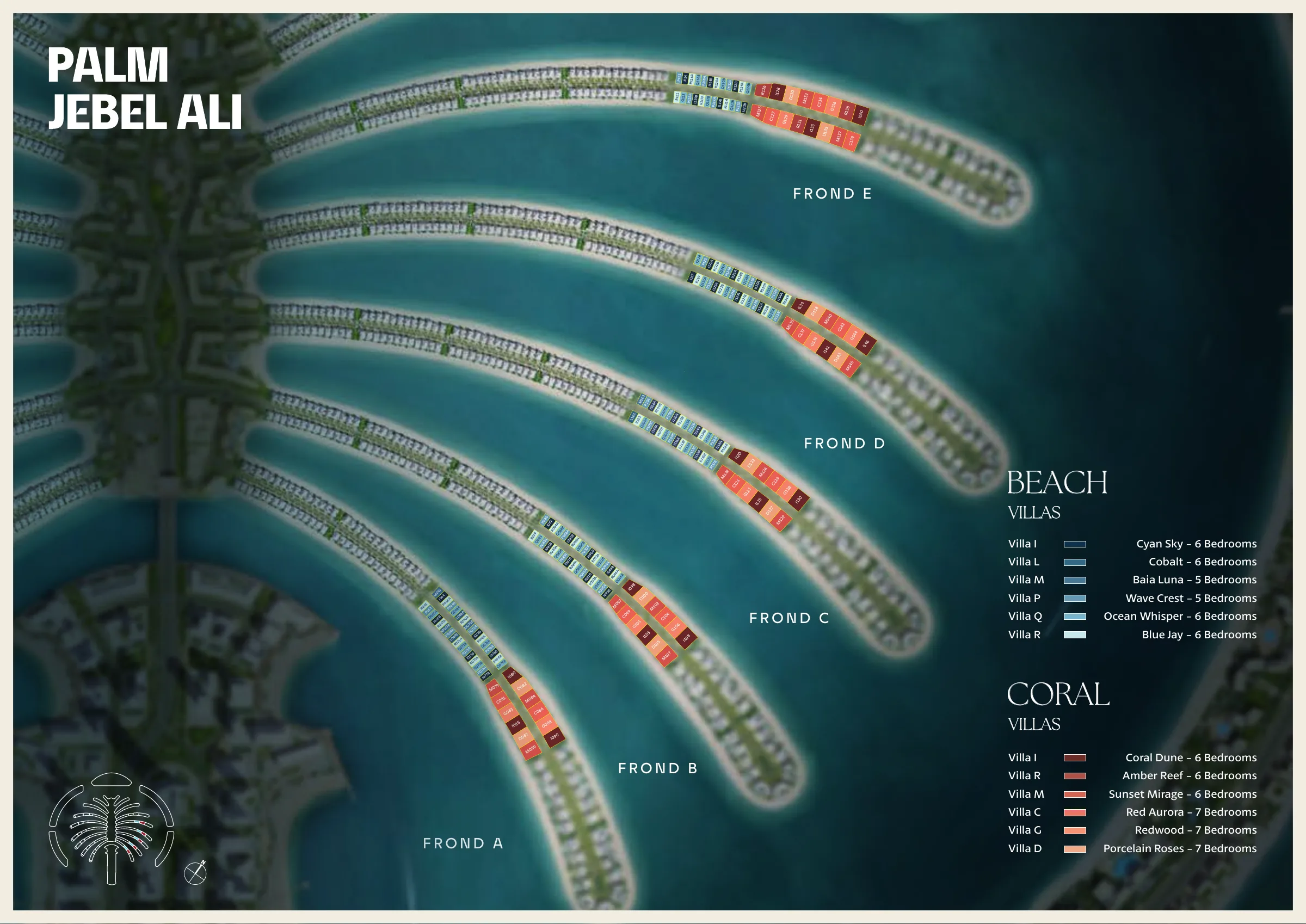 Masterplan of Fronds A to E: Beach villas in blue, Coral villas in red. Image: Nakheel.