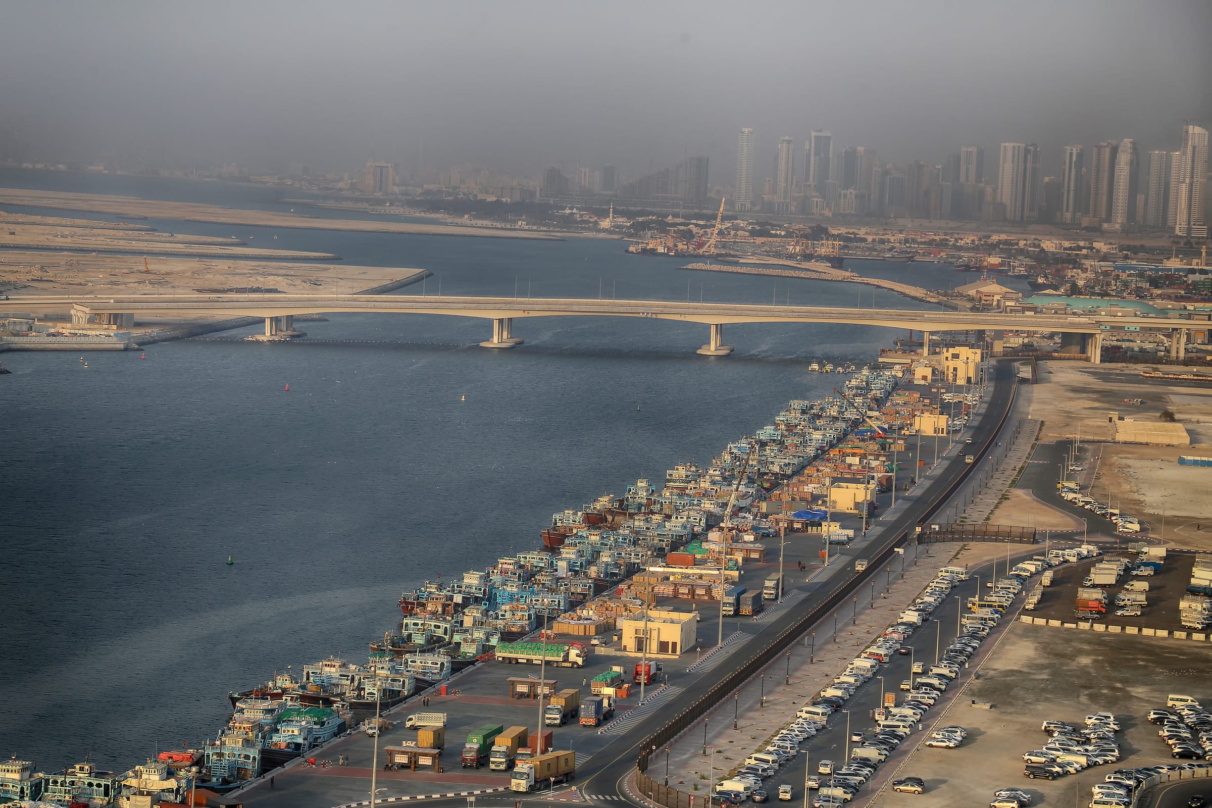 Bridge to Dubai Islands (formerly Deira Islands) above the Deira waterfront and dhow wharf