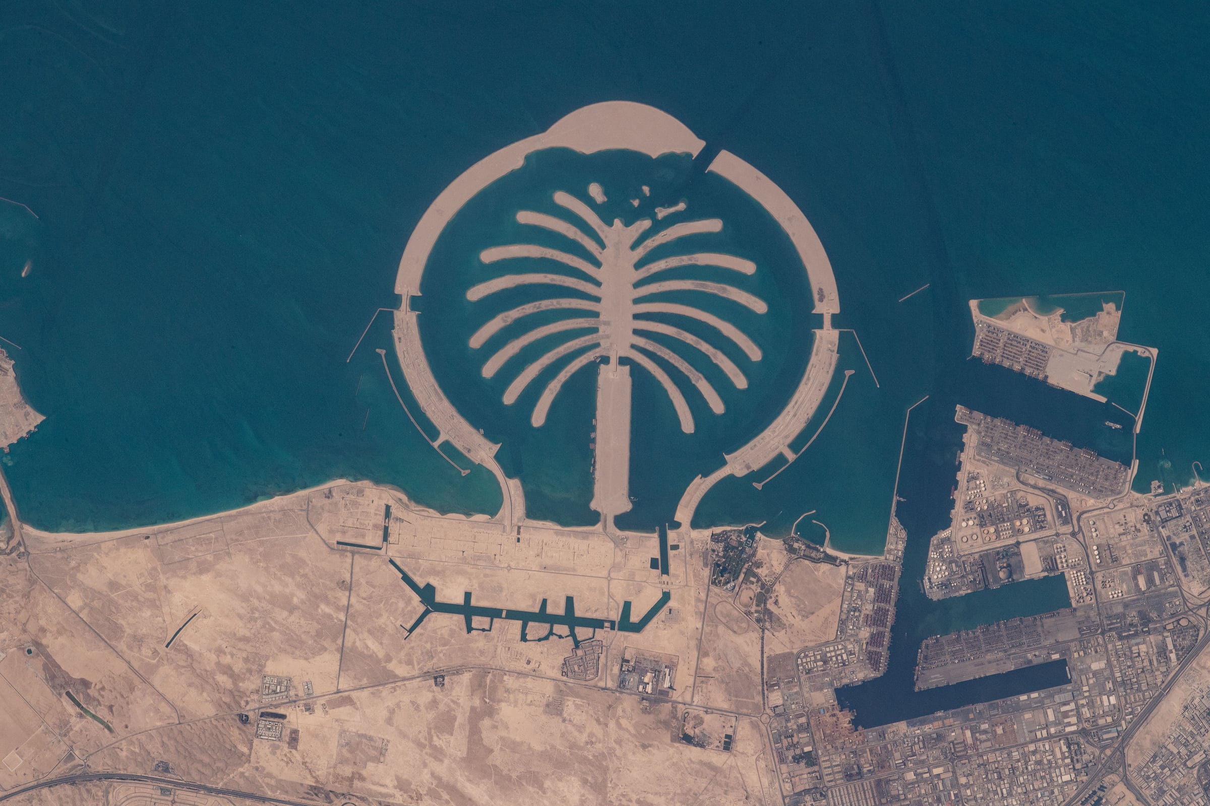 Palm Jebel Ali seen from the International Space Station, with its fronds and crescent off the Jebel Ali coast
