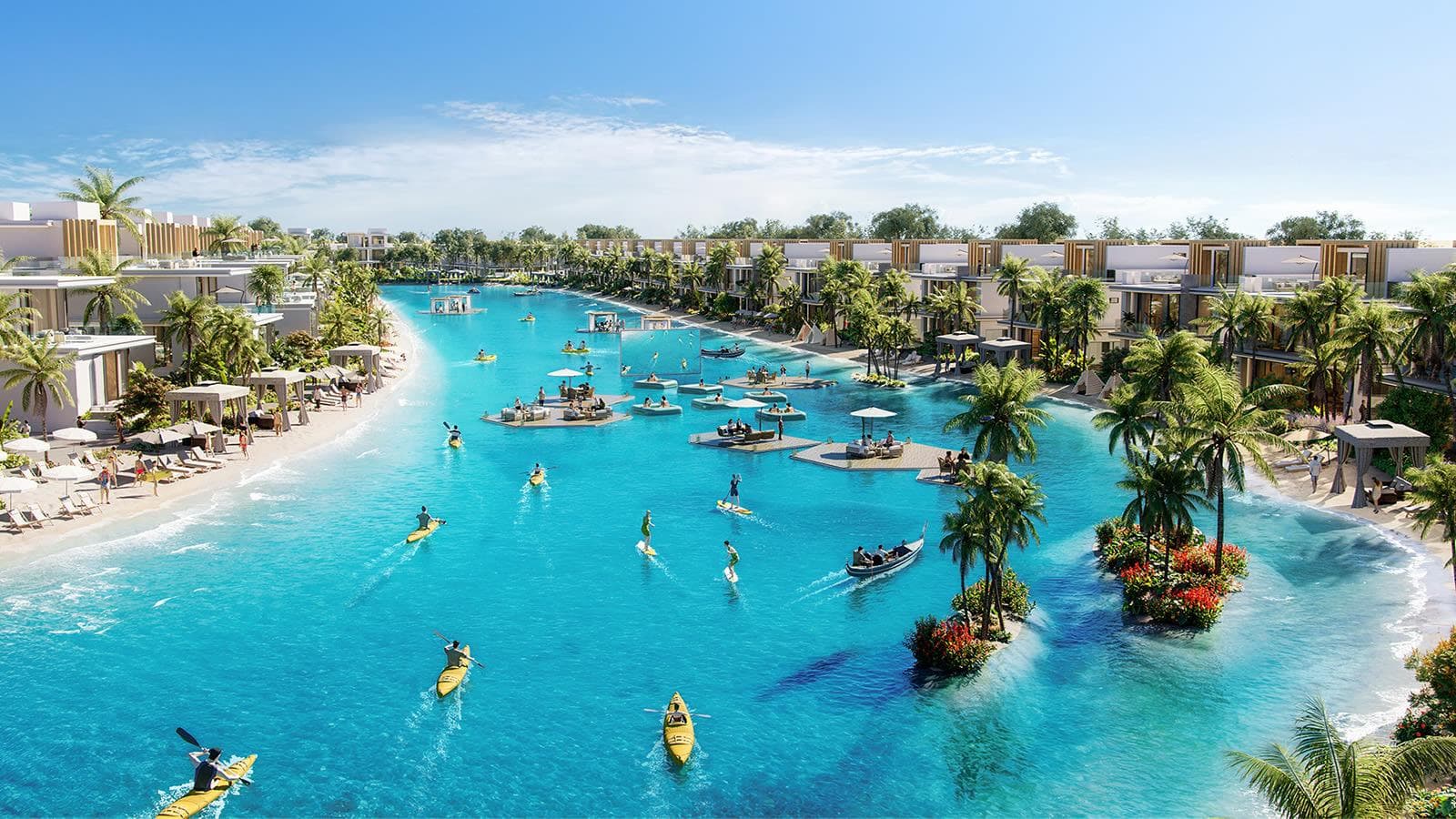 Render of the DAMAC Islands lagoon with a sandy beach, palm islets, kayakers and waterfront townhouses
